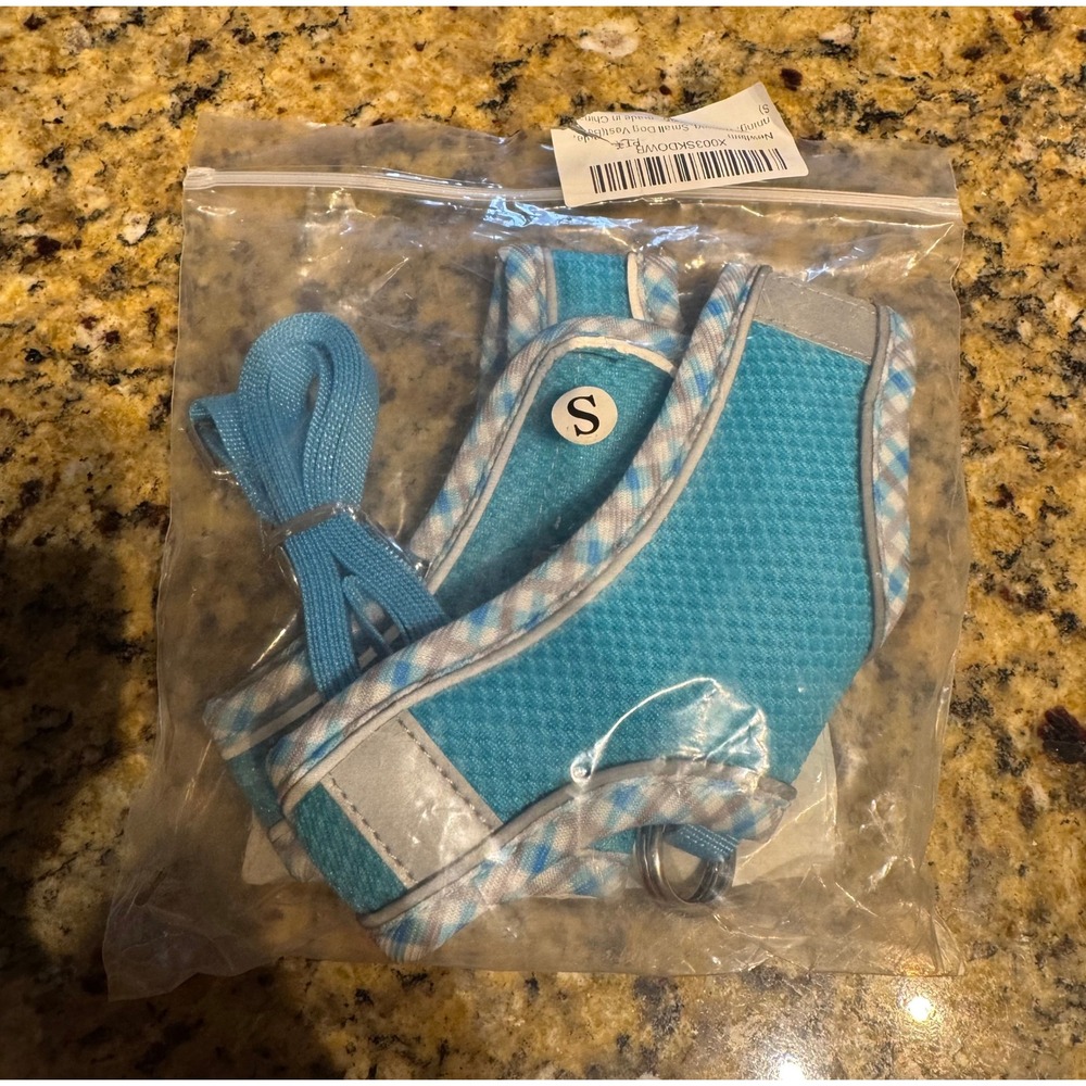 Nexthill Small Dog Vest Harness Leash Set Turquoise Mesh Plaid Reflective Size S